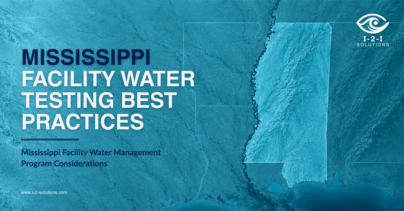 Illustration representing water management in Mississippi facilities, highlighting building water systems, environmental water testing, Legionella risk management, routine monitoring, and water quality management.